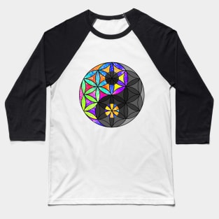 Rainbow Geometric Circle Flower Mandala - Yin Yang Black Baseball T-Shirt